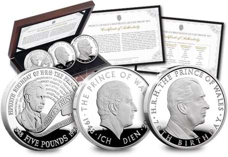 This Silver Proof Set celebrates the 70th Birthday of the Prince of Wales, by bringing together the crowns isssued to celebrate his 50th, 60th and 70th Birthdays each struck in .925 Silver. 