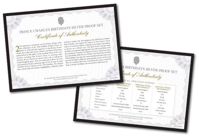 Prince Charles Birthdays Historic Uk Silver Proof Five Pound Three Coin Set Certificate