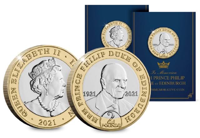 The Prince Philip In Memoriam BU £2 Obverse and Reverse beside display card.jpg