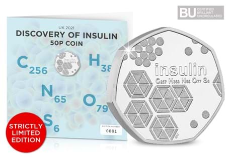 This exclusive Change Checker Display Card featuring themed artwork houses the UK 2021 Discovery of Insulin 50p which has been protectively encapsulated in Change Checker CERTIFIED BU Packaging.