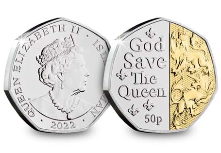 The Dual-Plated Platinum Jubilee 50p features the British National Anthem and two of the Queen's heraldic Beasts — the Lion of England and the Unicorn of Scotland. 