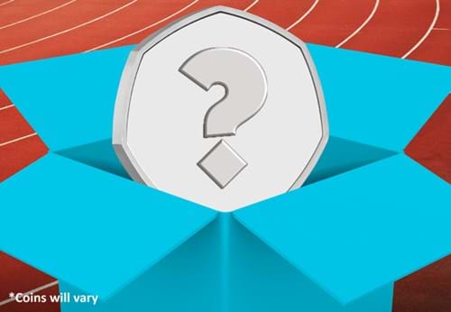 Olympic 50p Lucky dip - mystery coin in a blue box with a racetrack background