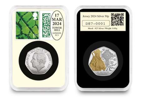 This DateStamp™ features the 2024 Jersey Silver Proof Saint Patrick 50p with selective 24ct gold-plating. Alongside it sits a 1st Class Country Definitive stamp postmarked with St. Patrick's Day.