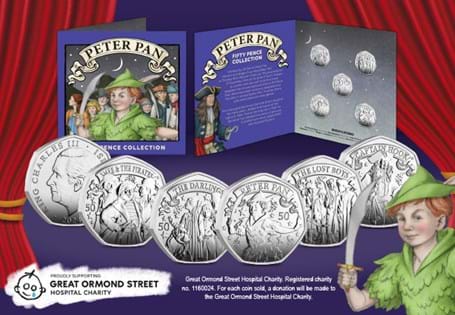 Celebrate 120 years of Peter Pan with five enchanting 50p coins, featuring beloved characters. Each purchase supports GOSH Charity, helping provide vital care for children and families in need.