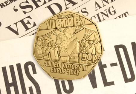 Issued to mark the 80th Anniversary of VE Day, this Falkland Islands 50p coin features a jubilant scene as crowds gathered to celebrate the end of the war in Europe. 