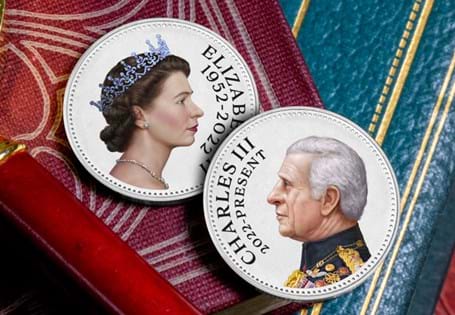 The Queen Elizabeth II and King Charles III 10p Pair. Part of the FIRST EVER Royalty 10p Coin Series. Struck to a Brilliant Uncirculated finish and featuring full colour, original portraits.