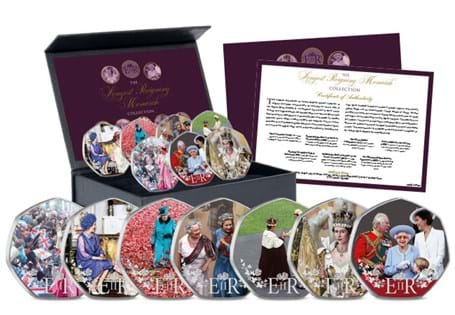 This set features 7 commemoratives displaying key moments from Queen Elizabeth II's life, across her 7 decades of reign. Displayed in presentation case and comes with certificate of authenticity.