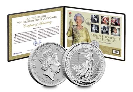 This cover is being issued to commemorate the 99th Birthday of Queen Elizabeth II. It includes a 2022 Silver Britannia Coin, and 6 stamps postmarked on the day of the Queen's birthday - 21st April.