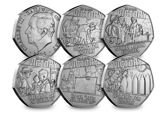 VE Day Guernsey BU 50P Set All REV (With Obv)