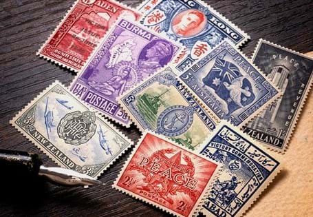 The COMPLETE 1946 Victory Stamp Collection. All 164 stamps issued by more than 50 countries in the months after the Second World War ended.Complete with display pages, title page and album.
