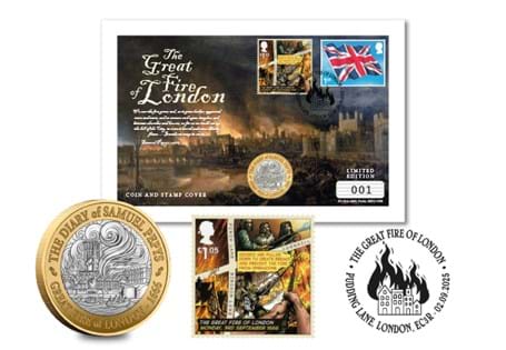 Issued for the anniversary of the Great Fire of London, this 2025 Jersey Silver Proof £2 Coin Cover unites the coin with the 2016 Fire of London and Union Flag stamps, postmarked 2 Sept 2025. EL: 100.
