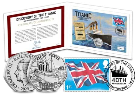 The Discovery of the Titanic 50p Coin Cover unites the 2025 Guernsey BU 50p, a Union Flag 1st Class Stamp, officially postmarked 01.09.25 , marking 40 years since the wreck’s discovery. EL: 2025.