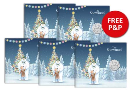 This bundle contains five of The Snowman UK 2025 BU 50p coins
presented in a themed greetings card from The Royal Mint.