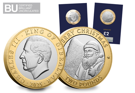 This festive £2 coin features a design of Santa with the iconic Rock of Gibraltar rising in the background. It is struck to a Brilliant Uncirculated quality.
