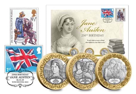 This coin cover features three new £2 coins for Jane Austen’s 250th: portrait, Pride & Prejudice, Sense & Sensibility. Includes 1975 pre-decimal & 1st class stamps, postmarked on 16/12 anniversary.