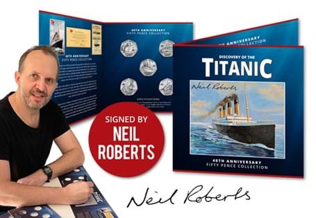 The Titanic 50p Artist's Edition Set has been signed by Neil Roberts and includes five original postcard prints which inspired the 50p designs. Limited to ONLY 250. 