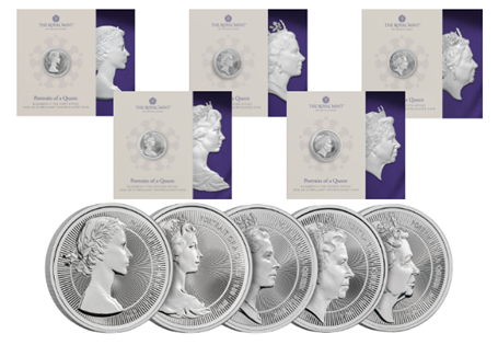 This bundle includes all 5 UK 2026 BU £5 coins released for the Portraits of a Queen series, from the effigy designed by Mary Gillick all the way to Jody Clarke,  and comes in Royal Mint packaging.