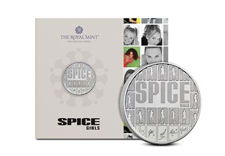 This 2026 dated UK £5 coin has been issued by The Royal Mint to celebrate 30 years of The Spice Girls' debut single, 'Wannabe'. Part of the Music Legends series. 