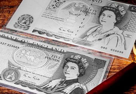 This pair brings together Silver reproductions of the 'Series D' £5 and £50 banknotes issued under Elizabeth II.