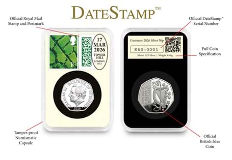This DateStamp™ features the 2026 Guernsey Silver Proof Saint Patrick 50p. Alongside it sits the 1st Class Country Definitive stamps postmarked with St. Patrick's Day 2026. 