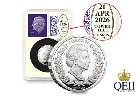 This Datestamp™ marks Queen Elizabeth II’s centenary, featuring the brand new 2026 Silver Centenary Sovereign and a 1st Class Stamp, postmarked by Royal Mail on 21 April 2026. Limited to 995 pieces.