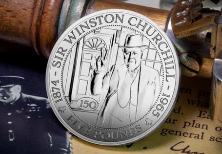This Proof £5 Coin has been issued by Guernsey to mark 150 years since the birth of Sir Winston Churchill. 