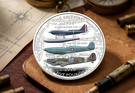 This coin has been issued to mark the 90th Anniversary of the Spitfire. Struck from Sterling Silver to a Proof Finish, it features the evolution of the Spitfire. Limited to 995 worldwide.