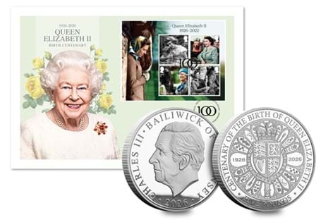 Marking the centenary of QEII, this cover features the brand new Centenary Silver £5 coin, and the newly issued Centenary Royal Mail stamp sheet, postmarked by Royal Mail with: 21/04/26. EL: 100
