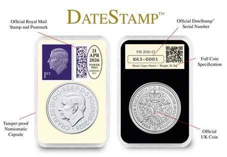 Issued to mark the centenary of Queen Elizabeth II, this product features the brand-new UK centenary £5 alongside a 1st class royal mail stamp that has been officially datestamped with 21/04/26.EL 500