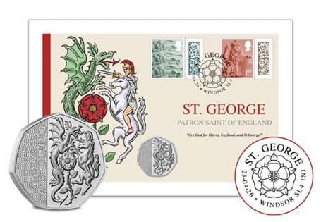 Issued to celebrate the Patron Saint of England, St. George. Featuring the 2026 Guernsey St. George BU 50p alongside a Country Definitive 1st Class stamp postmarked with St. George's Day 2026.