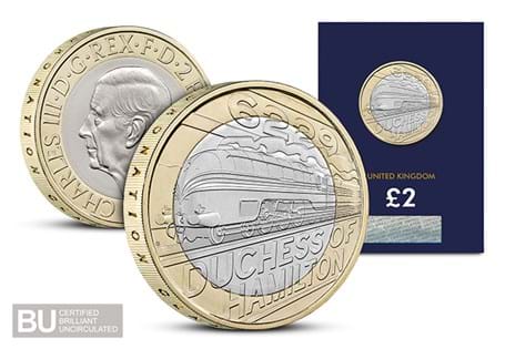 This UK £2 celebrates the famous train, the Duchess of Hamilton. Struck to Brilliant Uncirculated quality and protectively encapsulated.