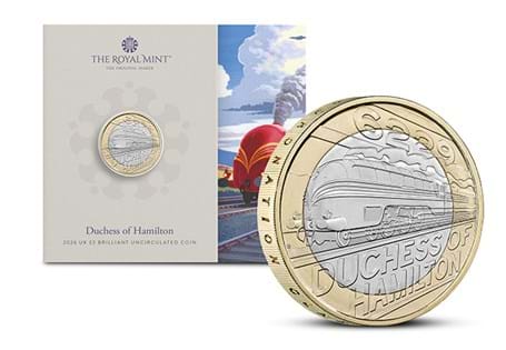 This Brilliant Uncirculated UK £2 celebrates the iconic train, The Duchess of Hamilton. Comes in official Royal Mint packaging.