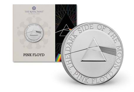 This 2026 dated UK £5 coin has been issued by The Royal Mint to celebrate the iconic rock band Pink Floyd, with a design depicting the prism from The Dark Side of the Moon. 