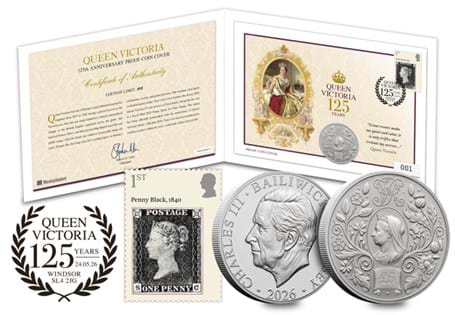 Coin cover featuring the 2026 Jersey Queen Victoria 125th Anniversary Proof £5 and the 2025 Royal Mail Penny Black 1st Class Stamp. Limited to just 495 worldwide.