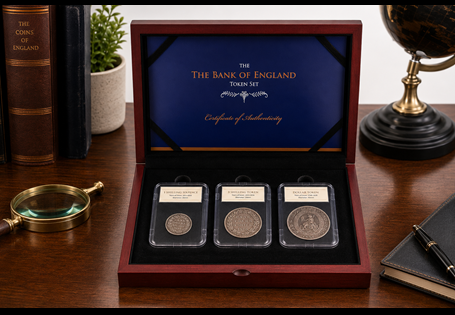 This set brings together three 'tokens' issued by the Bank of England during the reign of George III to alleviate the shortage of silver coins. 